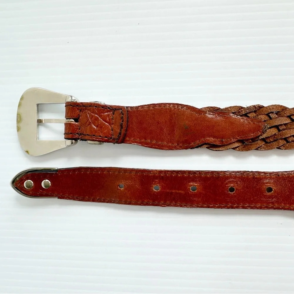 Vintage Crocodile Back, Woven Leather Belt Brown Silver Decorative Buckle - Picture 5 of 9